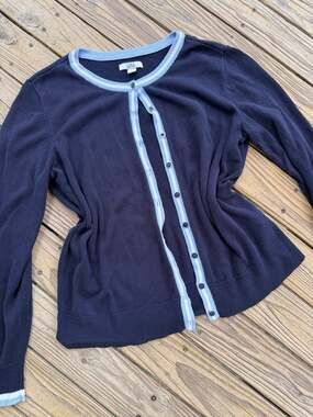 Croft & Barrow Navy Blue Striped Trim Cardigan Sweater Size M